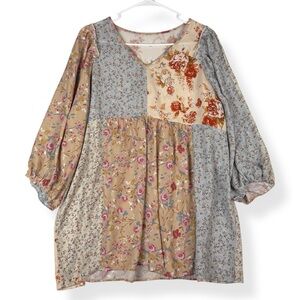 Womens Boho Floral Blouse Womens XL Peach Pastel Patchwork Ruffled